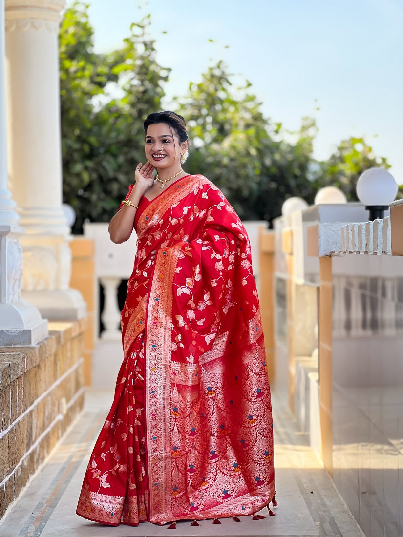 Red Soft Banarasi Silk Meenakari Weaving Saree With Unstitched Blouse