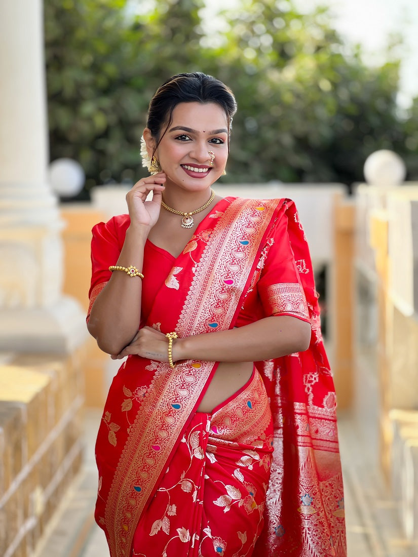 Red Soft Banarasi Silk Meenakari Weaving Saree With Unstitched Blouse