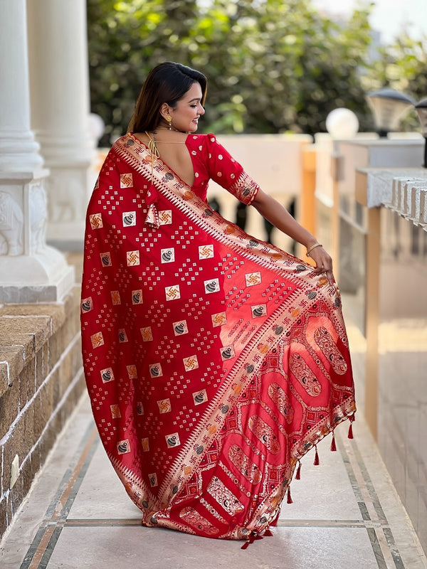 Red Soft Dolla Silk Meenakari Weaving Saree With Unstitched Blouse