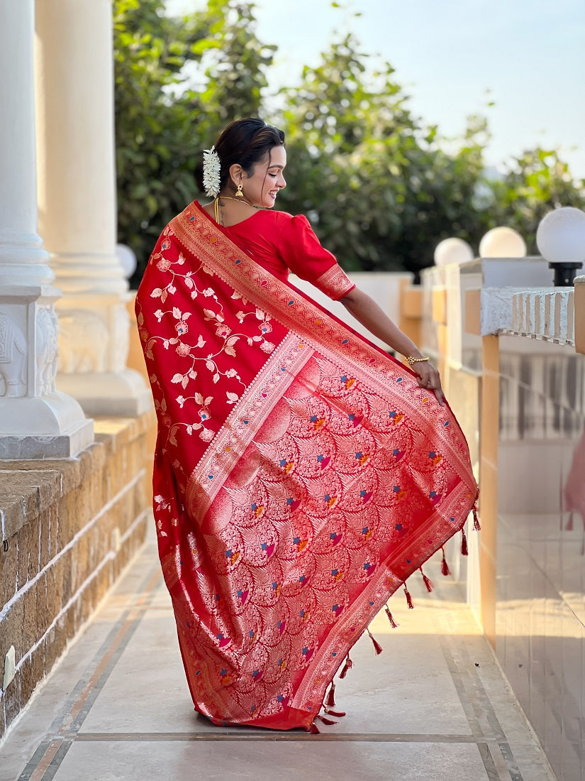 Red Soft Banarasi Silk Meenakari Weaving Saree With Unstitched Blouse