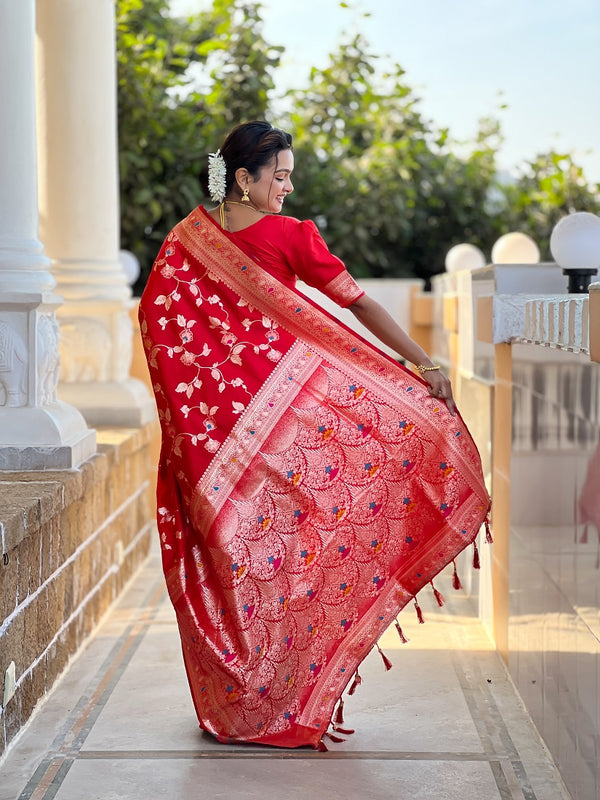 Red Soft Banarasi Silk Meenakari Weaving Saree With Unstitched Blouse
