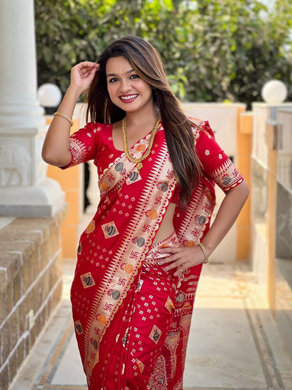 Red Soft Dolla Silk Meenakari Weaving Saree With Unstitched Blouse