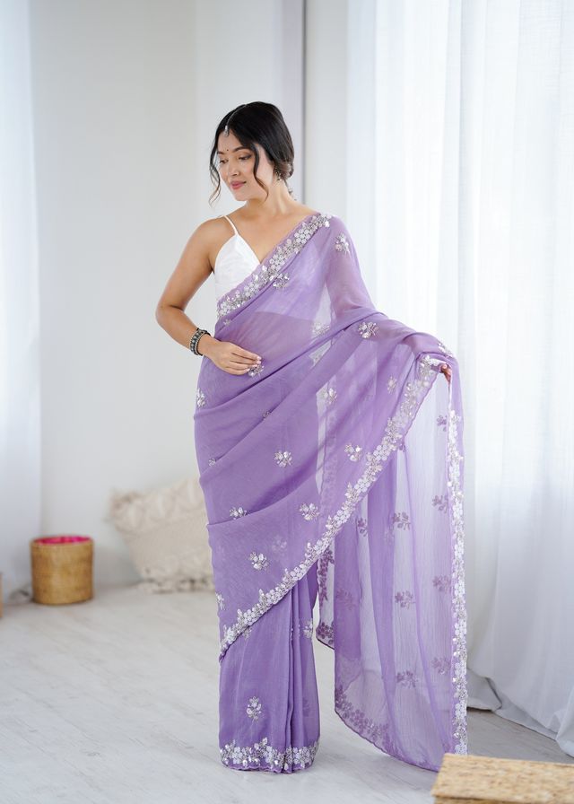 Lavender Color Chiffon Crush Fabric Heavy Designer Work Partywear Saree