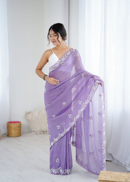 Lavender Color Chiffon Crush Fabric Heavy Designer Work Partywear Saree