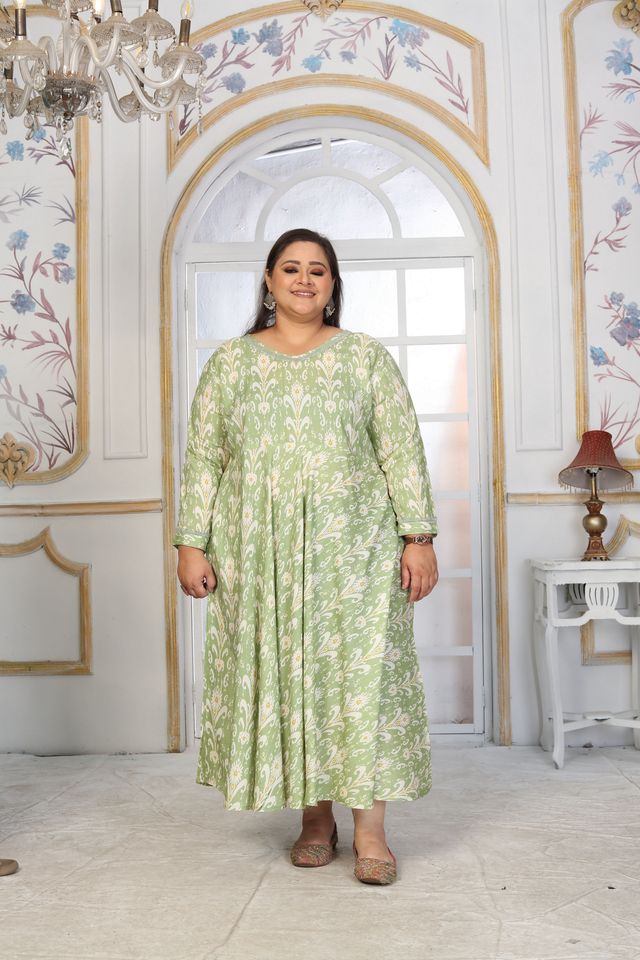 Green Color Rayon Fabric Designer Printed Plus Size Kurta For Girls