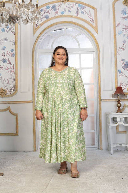 Green Color Rayon Fabric Designer Printed Plus Size Kurta For Girls