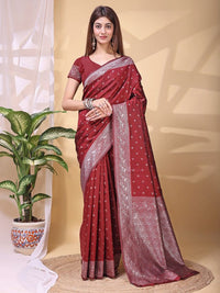 Maroon Color Lichi Silk Fabric Beautiful Woven Designer Saree