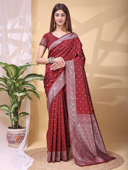 Maroon Color Lichi Silk Fabric Beautiful Woven Designer Saree