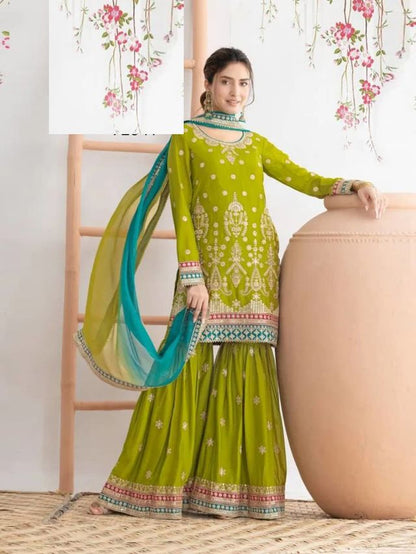 Light Green Chinon Silk Semi Stitched Wedding Suits
