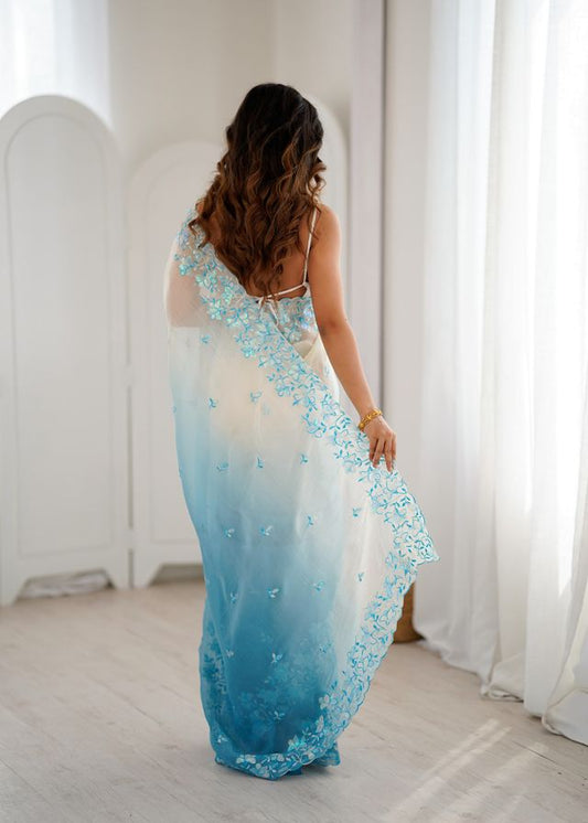 Sky Blue Color Crunchy Fabric Beautiful Sequins Work Bollywood Style Ceremonial Saree