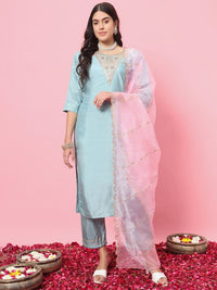 Sky Blue Color Silk Blend Ethnic Fancy Partywear Suit With Classy Looks