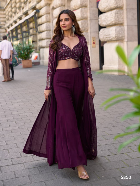 Heavy Georgette Full Stitched Indowestern Crop Top, palazzo & Shrug Set