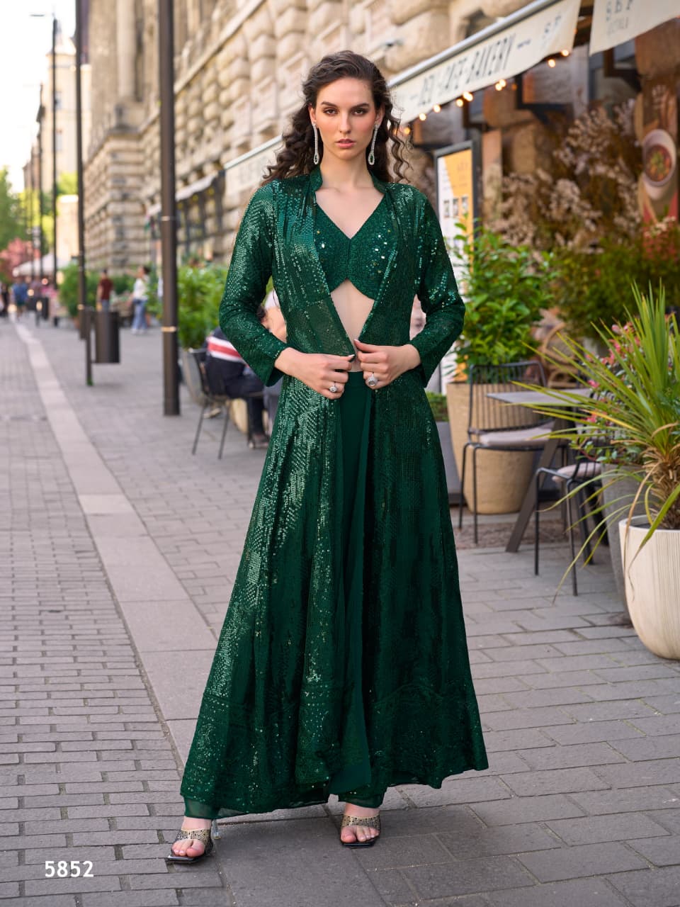 Heavy Georgette Full Stitched Indowestern Crop Top, palazzo & Shrug Set