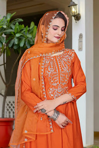 Women's Beautiful Vichitra Fabric Embroidery Work Flared Anarkali Pant and Dupatta Set Rubina
