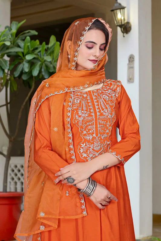 Women's Beautiful Vichitra Fabric Embroidery Work Flared Anarkali Pant and Dupatta Set Rubina