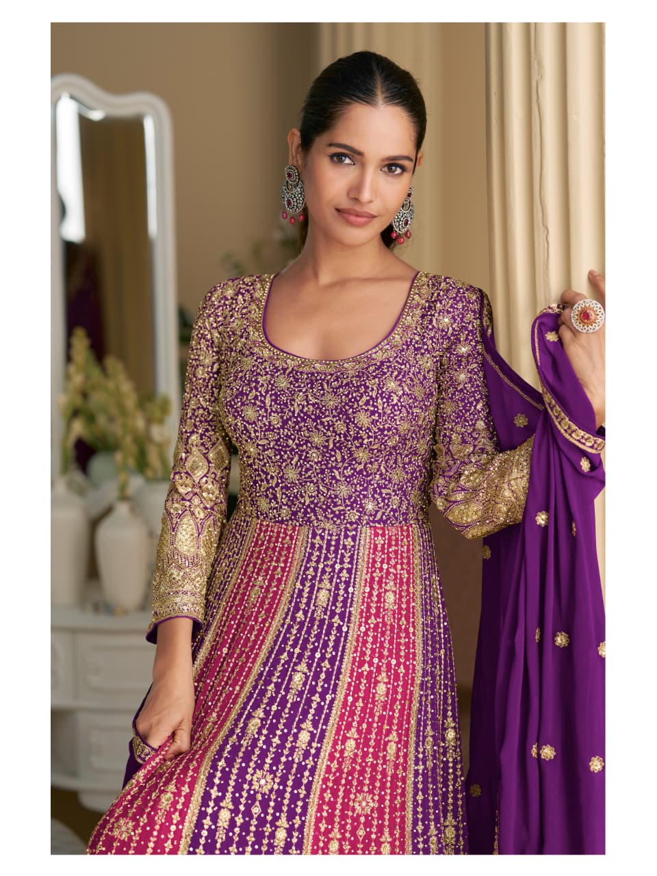 Purple Georgette All Over Work Anarkali Full Stitched Wedding Gowns