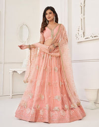 Peach Heavy Embroidery Net Semi Stitch A Line Lehenga With Blouse