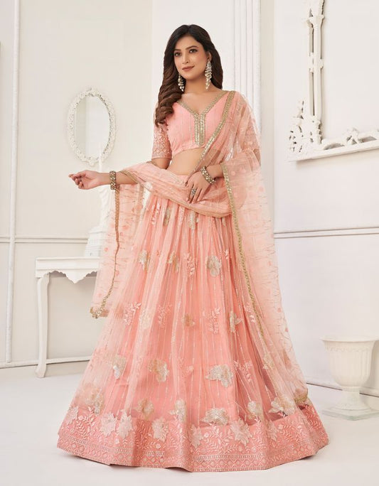 Peach Heavy Embroidery Net Semi Stitch A Line Lehenga With Blouse