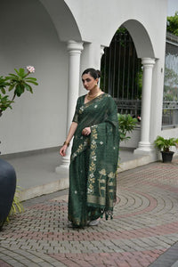 Green Color Jute Linen Silk Fabric Beautiful Graceful Saree