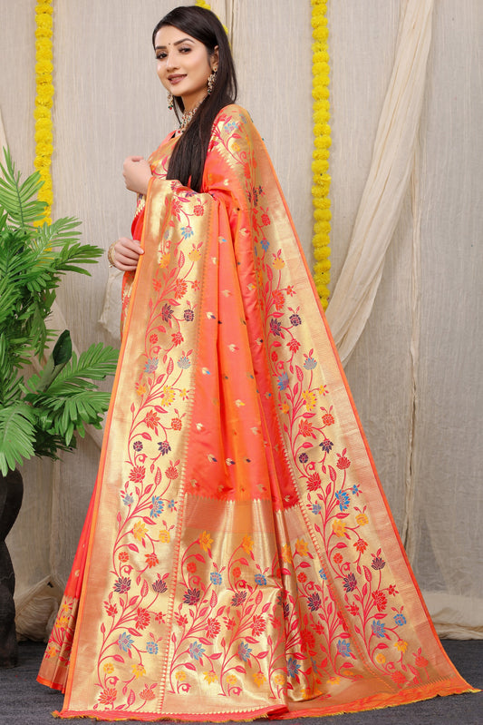 Peach Woven Design Pure Silk Banarasi Saree With Blouse