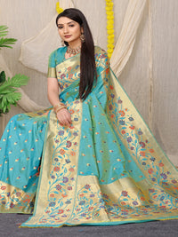 Sky Woven Design Pure Silk Banarasi Saree With Blouse