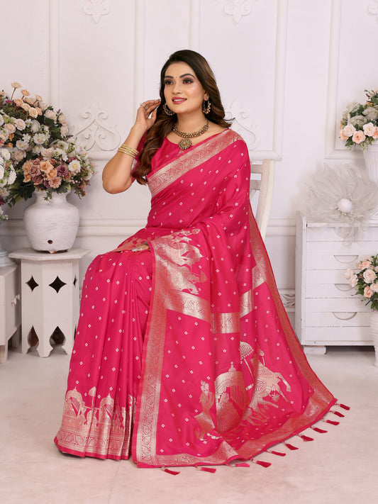 Rani Pink kochi Silk With Bandhej Weaving Saree With Blouse
