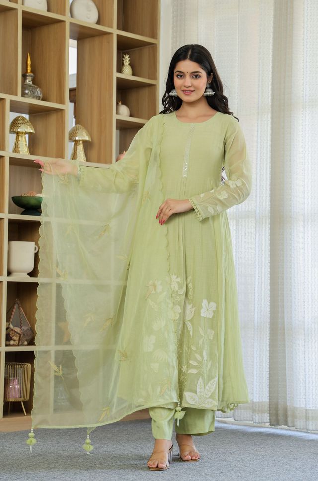 Pista Color Chanderi Silk Fabric Designer Ethnic Readymade Kurta Set