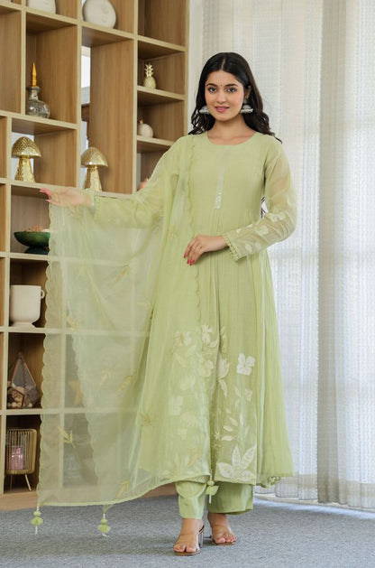 Pista Color Chanderi Silk Fabric Designer Ethnic Readymade Kurta Set