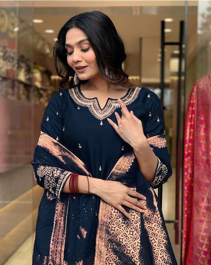 Navy Blue Color Designer Embroidered Ethnic Partywear Suit
