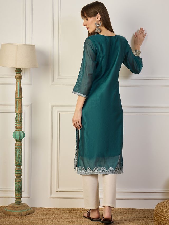 Teal Color Cotton Silk Fabric Woven Designer Ethnic Formal Kurta