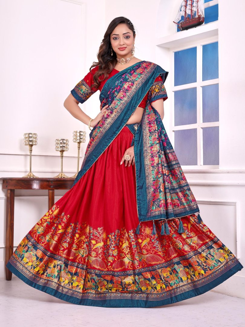Red patola print dola silk semi stitched lehenga choli with tassels