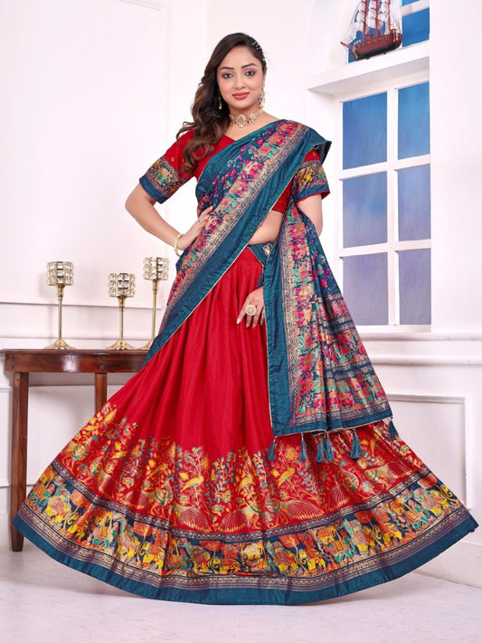 Red patola print dola silk semi stitched lehenga choli with tassels