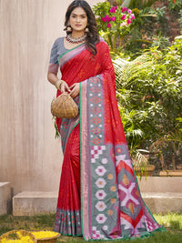 Red Pochampalli Silk Saree with Floral Printed Work with Blouse