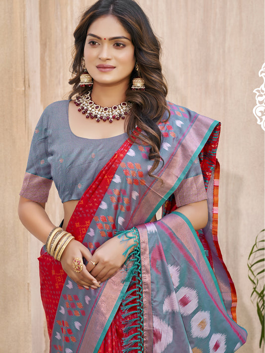 Red Pochampalli Silk Saree with Floral Printed Work with Blouse