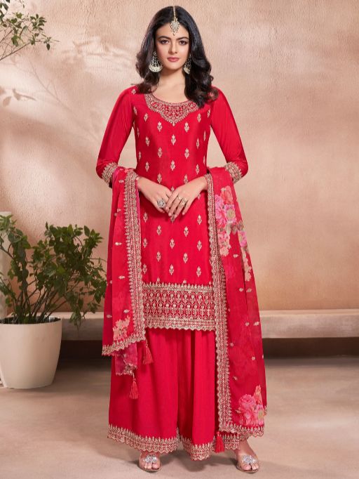 Women's Gorgeous Embroidery Vichitra Silk Fabric Straight Kurta, Sharara and Dupatta Set