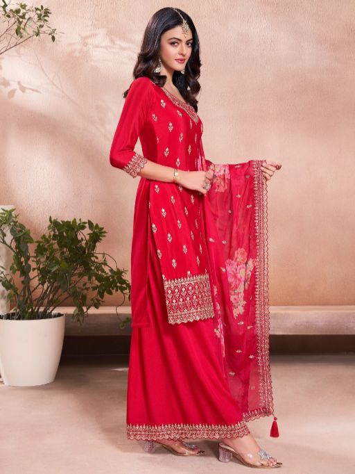 Women's Gorgeous Embroidery Vichitra Silk Fabric Straight Kurta, Sharara and Dupatta Set