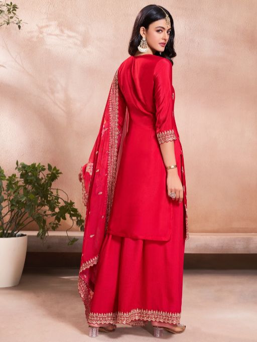 Women's Gorgeous Embroidery Vichitra Silk Fabric Straight Kurta, Sharara and Dupatta Set