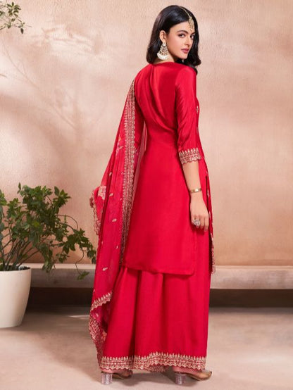 Women's Gorgeous Embroidery Vichitra Silk Fabric Straight Kurta, Sharara and Dupatta Set
