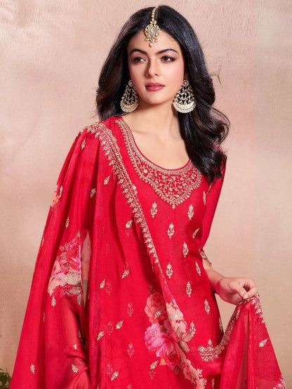 Women's Gorgeous Embroidery Vichitra Silk Fabric Straight Kurta, Sharara and Dupatta Set