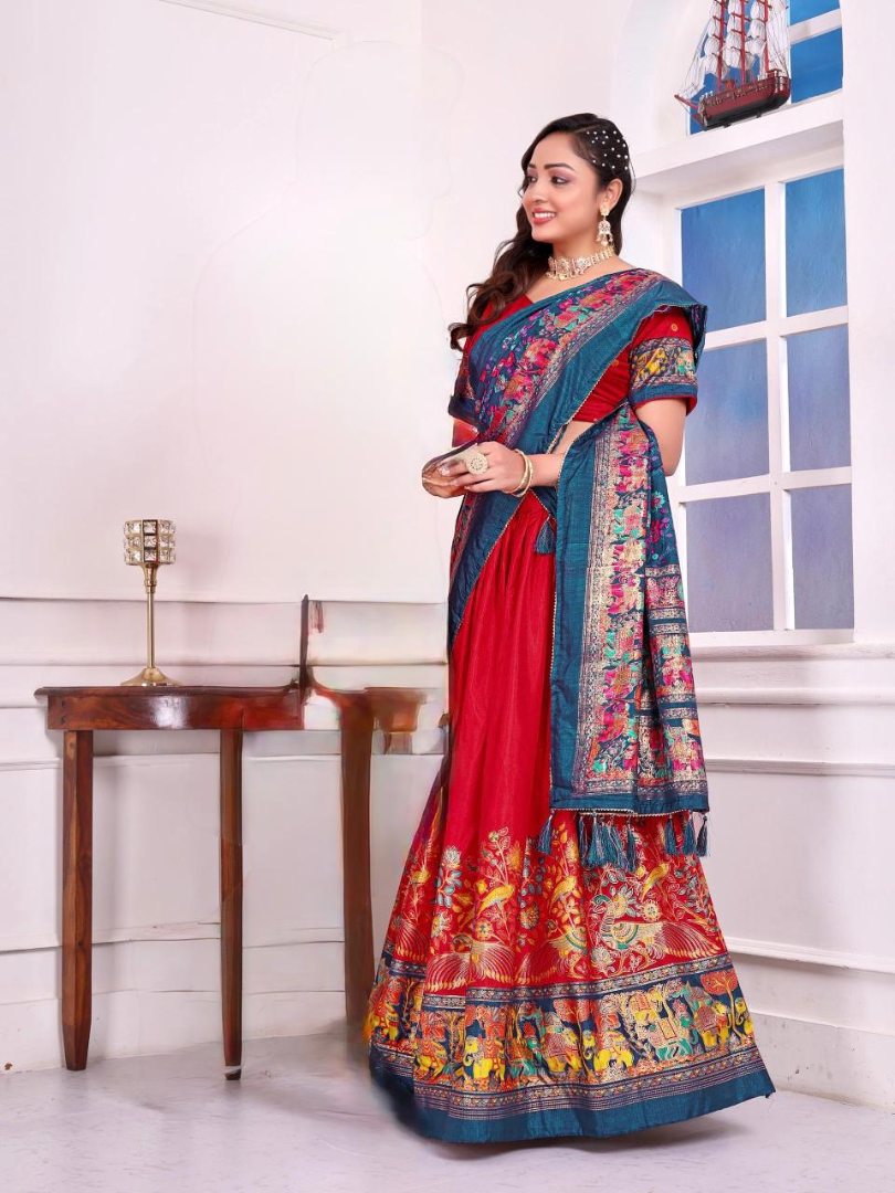 Red patola print dola silk semi stitched lehenga choli with tassels