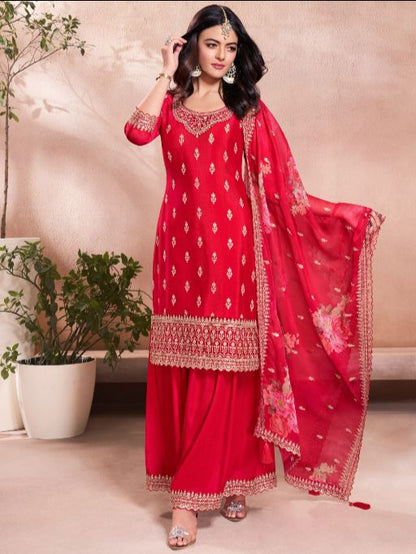 Women's Gorgeous Embroidery Vichitra Silk Fabric Straight Kurta, Sharara and Dupatta Set