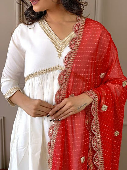 Women's Gorgeous Embroidery Chandrei Fabric Straight Kurta, Pant and Dupatta Set