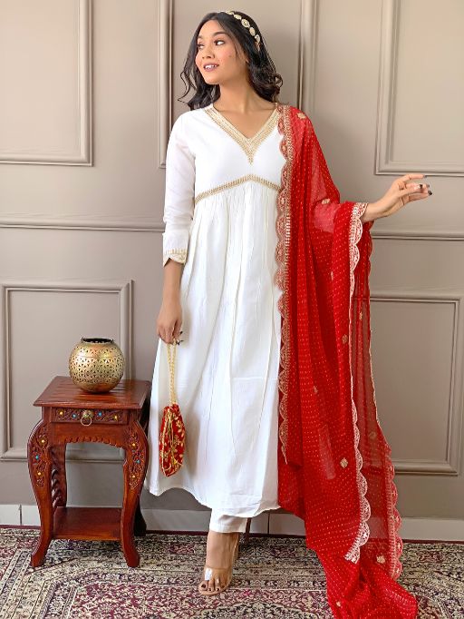 Women's Gorgeous Embroidery Chandrei Fabric Straight Kurta, Pant and Dupatta Set