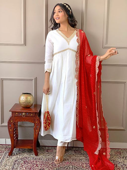 Women's Gorgeous Embroidery Chandrei Fabric Straight Kurta, Pant and Dupatta Set