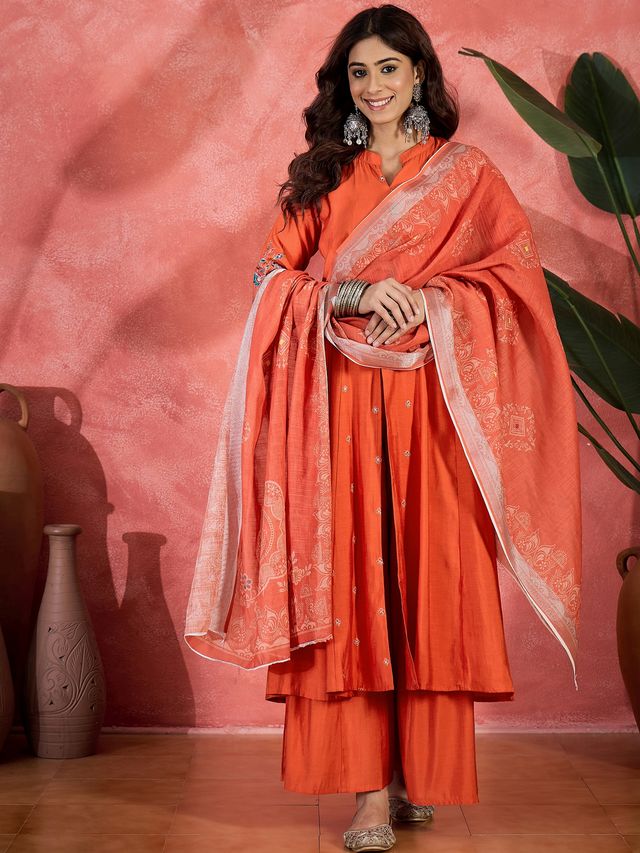Orange Color Chanderi Silk Fabric Beautiful Graceful Readymade Palazzo Dress