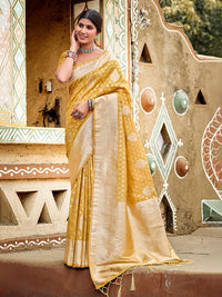 Mustard Color Assam Silk Fabric Woven Designer Saree For Party Looks