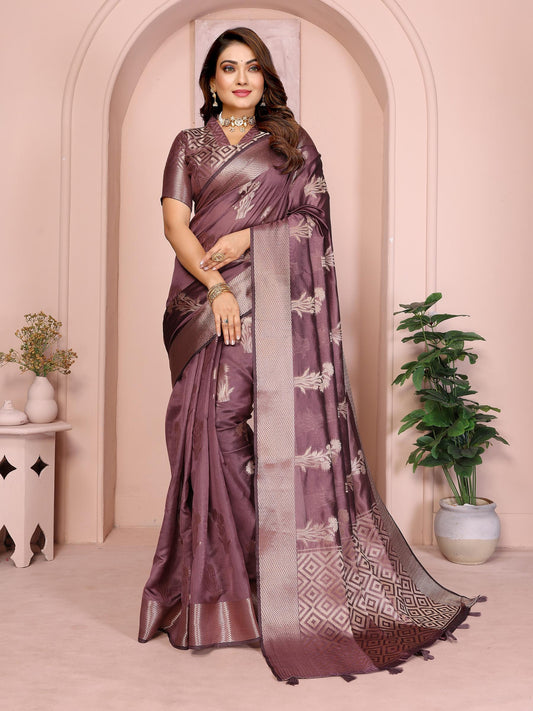 Brown Soft Organza Banarasi Silk Saree With Zari Weaving Work