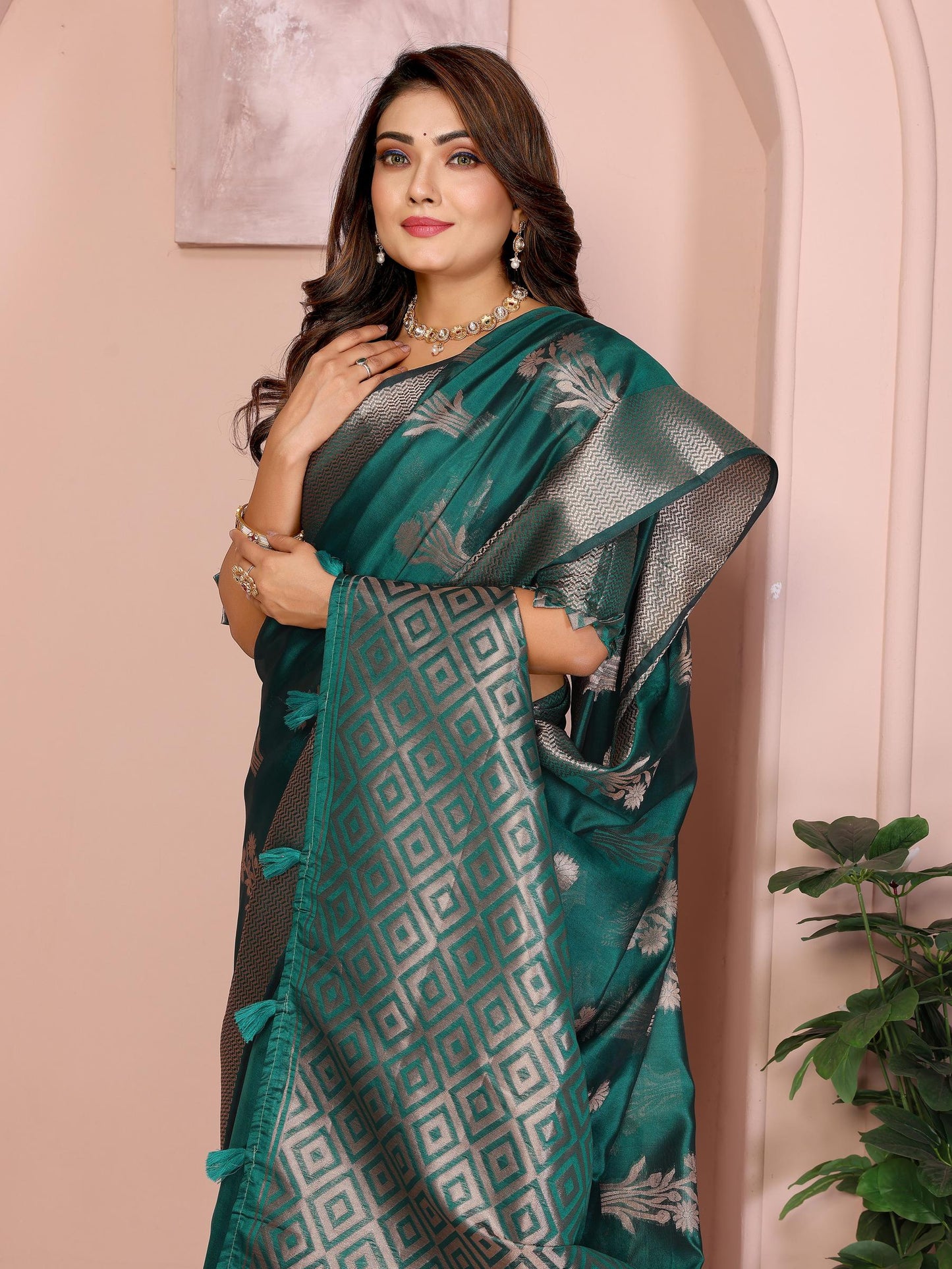Ocean Green Soft Organza Banarasi Silk Saree With Zari Weaving Work