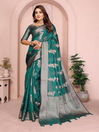Ocean Green Soft Organza Banarasi Silk Saree With Zari Weaving Work