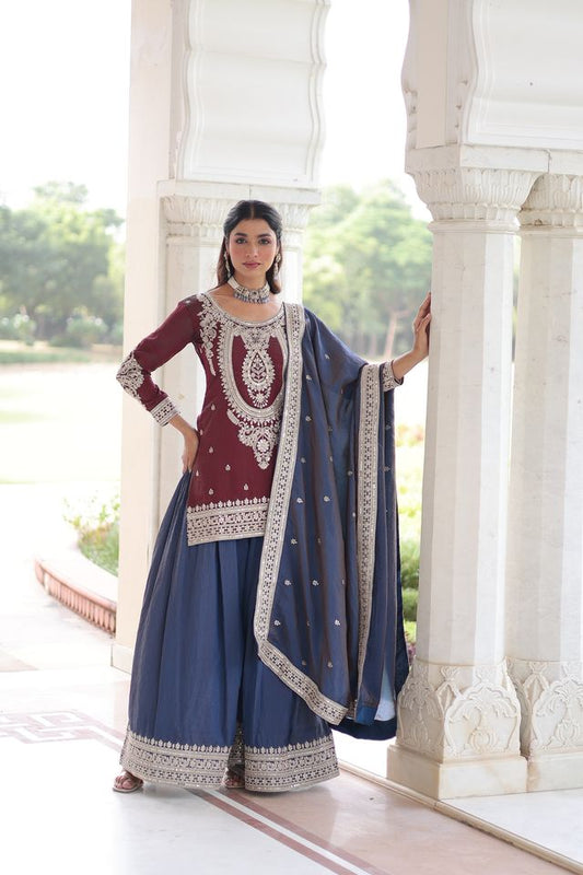 Maroon Color Designer Ethnic Heavy Partywear Suit For Ceremonial Looks